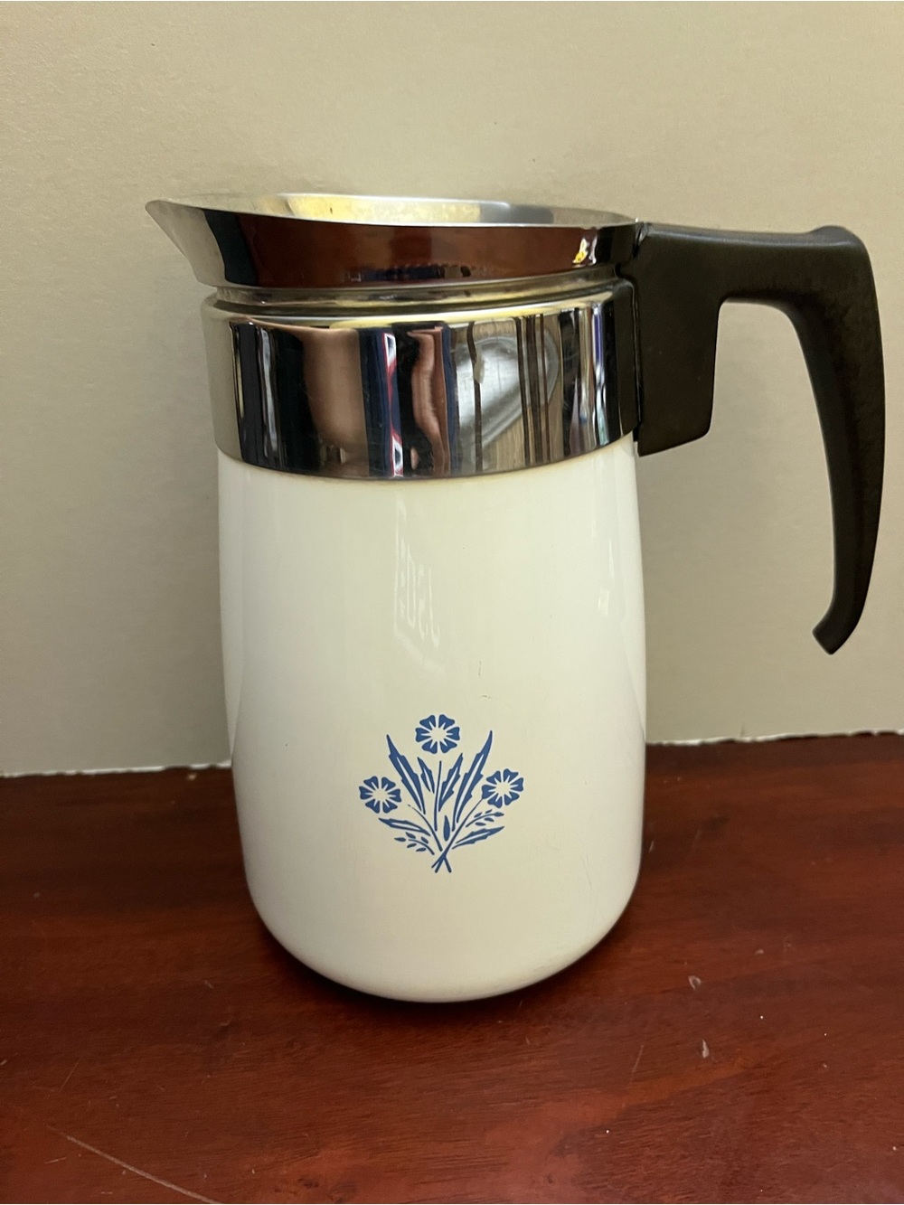 Corningware White Pitcher with Blue Floral Design and Black Handle( percolator w